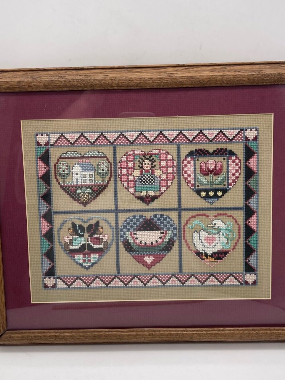 VTG Framed Completed Cross Stitch Hearts Buttons Farmhouse Country Cottage Core